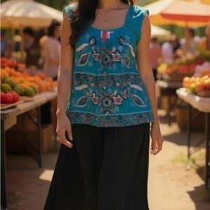 Heart Soul Teal Floral Embroidered Blouse